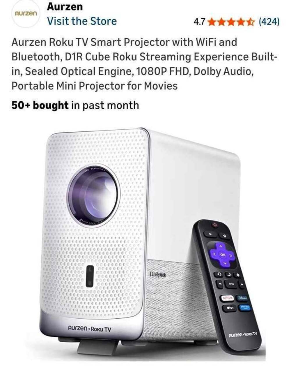 Aurzen Roku TV Smart Projector with WiFi and Bluetooth, D1R Cube Roku Streaming